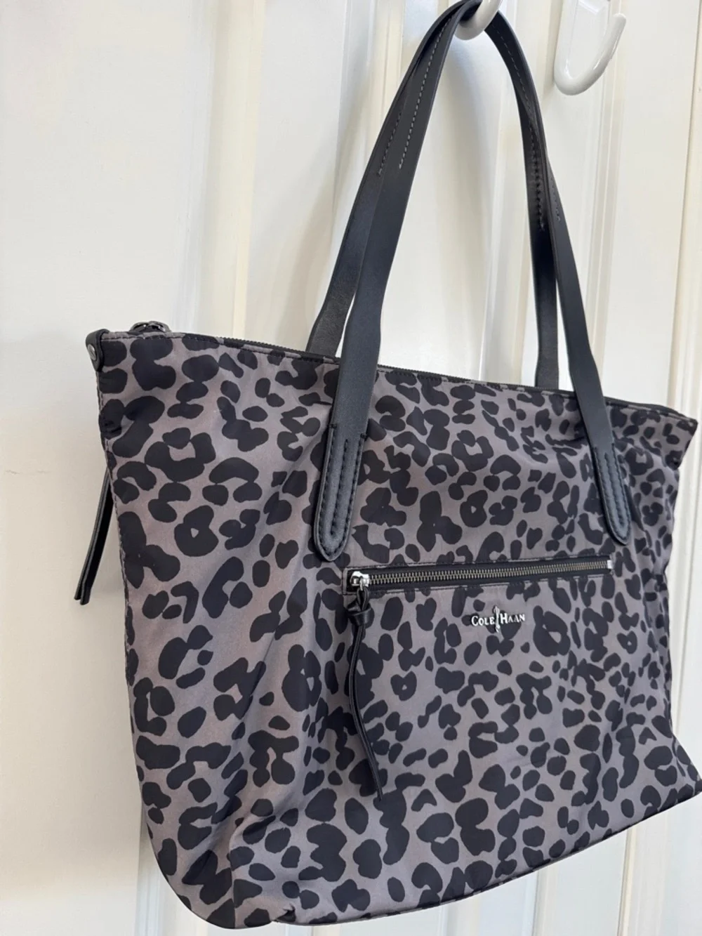 Cole Haan Gray Leopard Print Tote with Black Leather Handles
